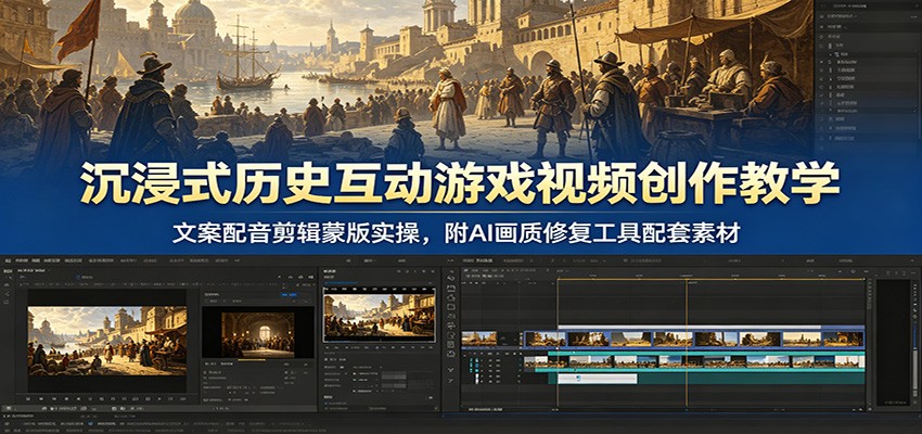 沉浸式历史互动游戏视频创作教学：文案配音剪辑蒙版实操，附AI画质修复工具配套素材-智富思维学堂