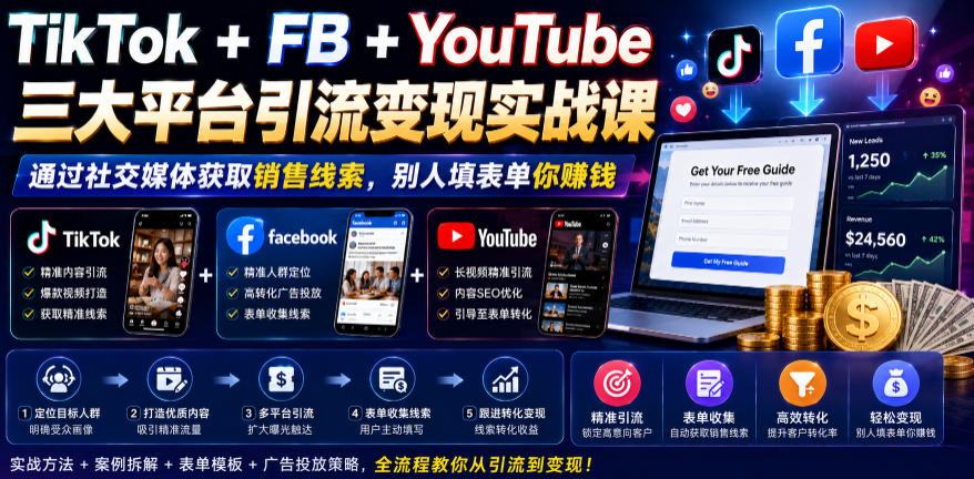 TikTok+FB+YouTube三大平台引流变现实战课，通过社交媒体获取销售线索，别人填表单你賺钱【原创双语字幕】-智富思维学堂