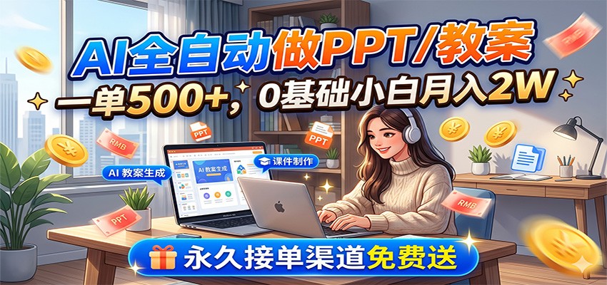 AI全自动做PPT/教案，一单500+，0基础小白月入2W，永久接单渠道免费送-智富思维学堂
