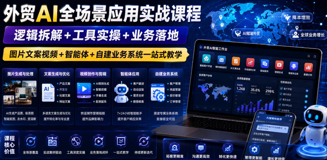 外贸AI全场景应用实战课程｜逻辑拆解+工具实操+业务落地，图片文案视频+智能体+自建业务系统一站式教学-智富思维学堂