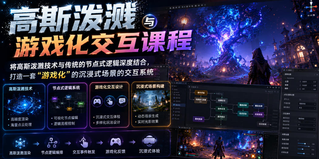 高斯泼溅与游戏化交互课程，将高斯泼溅技术与传统的节点式逻辑深度结合，打造一套“游戏化”的沉浸式场景的交互系统-智富思维学堂