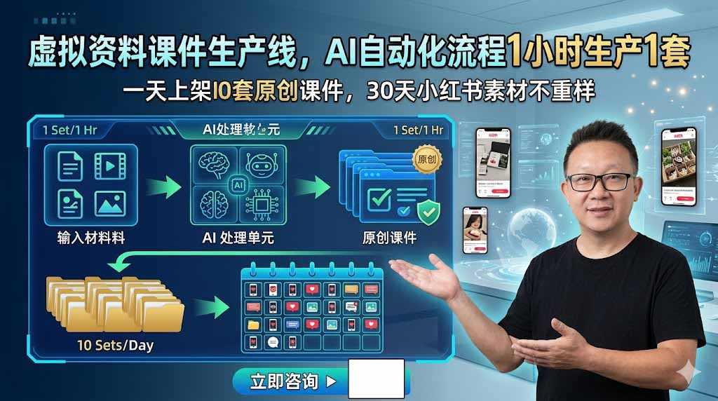 虚拟资料课件生产线，AI自动化流程1小时生产1套，一天上架10套原创课件，30天小红书素材不重样-智富思维学堂
