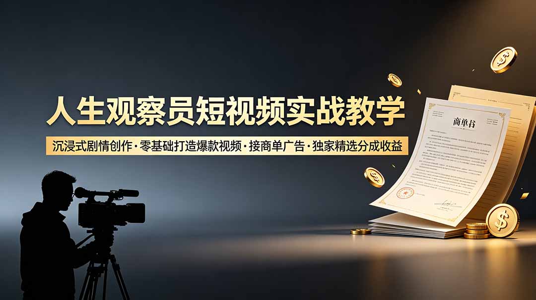 人生观察员短视频实战教学,沉浸式剧情创作,零基础打造爆款视频,接商单广告,独家精选分成收益-智富思维学堂