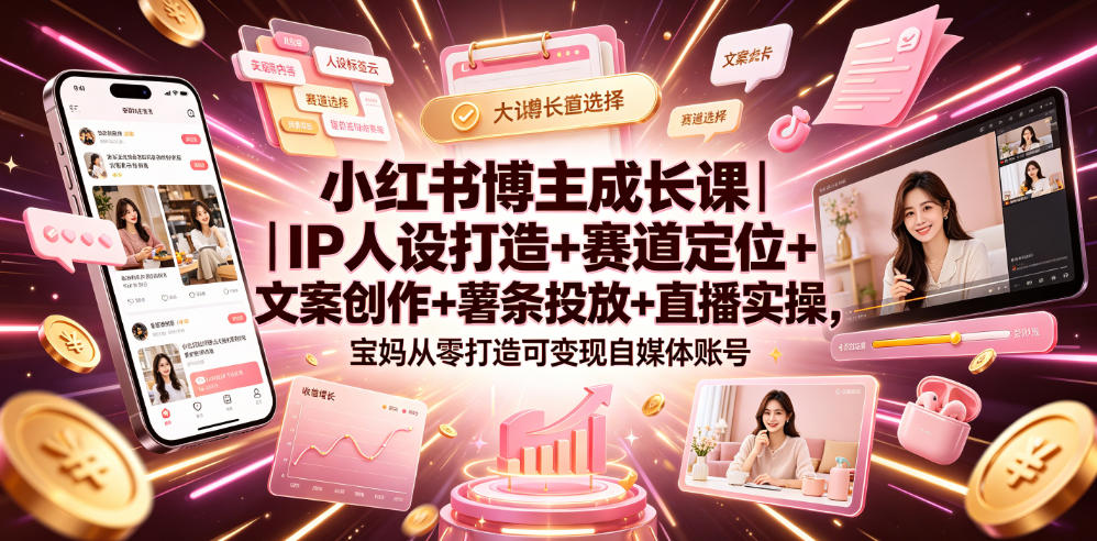小红书博主成长课|IP人设打造+赛道定位+文案创作+薯条投放+直播实操,宝妈从零打造可变现自媒体账号-智富思维学堂