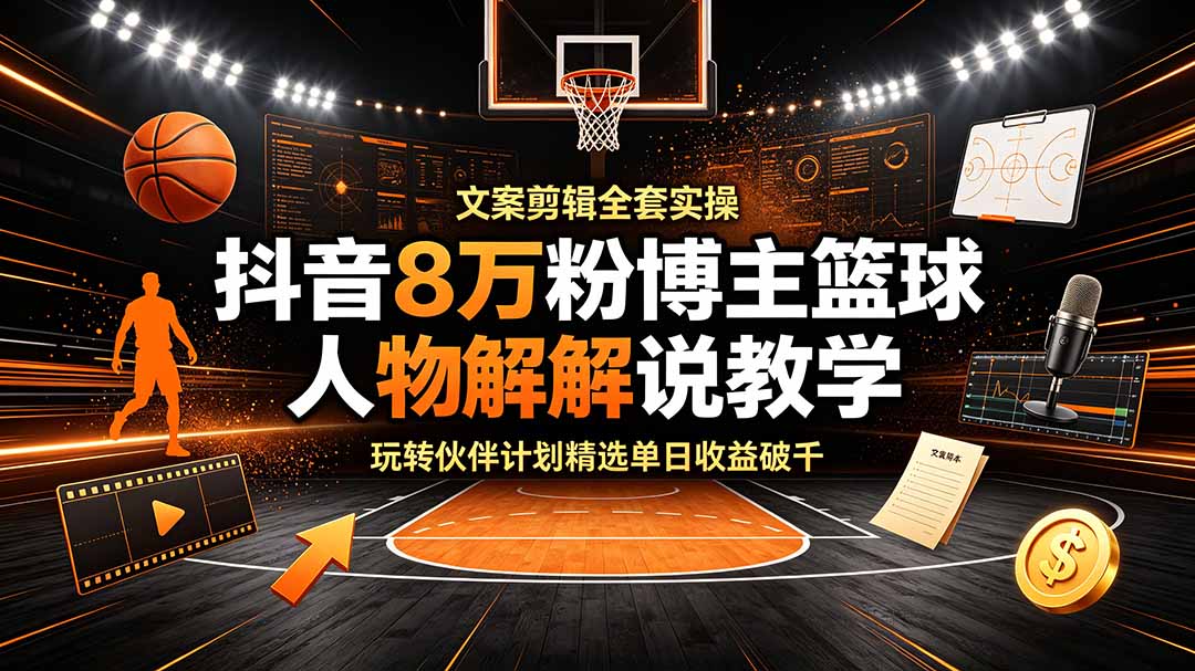 抖音8万粉博主篮球人物解说教学,文案剪辑全套实操,玩转伙伴计划精选单日收益破千-智富思维学堂
