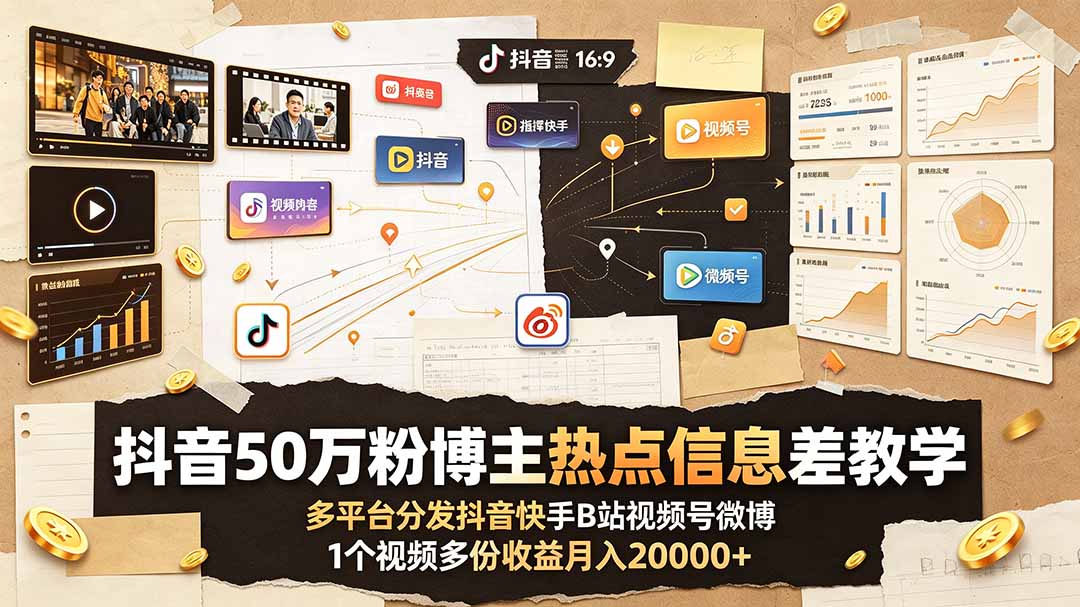 抖音50万粉博主热点信息差教学：多平台分发抖音快手B站视频号微博，1个视频多份收益月入20000+-智富思维学堂