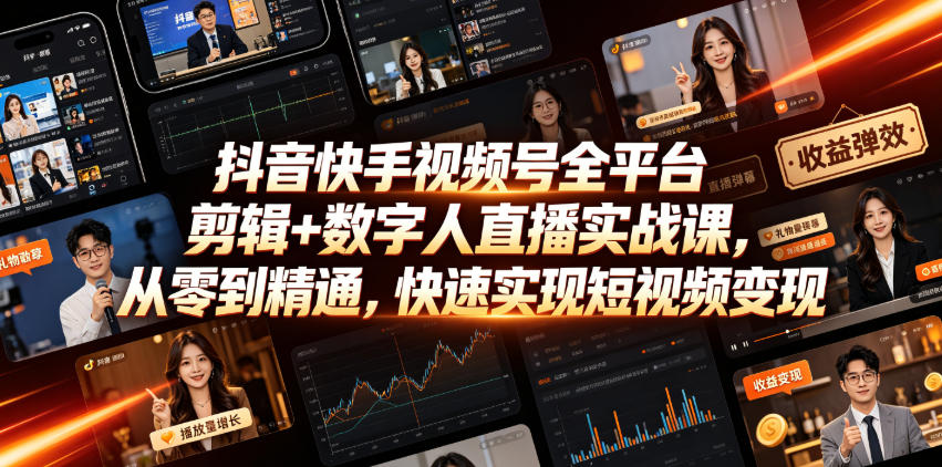 抖音快手视频号全平台剪辑+数字人直播实战课,从零到精通,快速实现短视频变现(更新2026年6月)-智富思维学堂