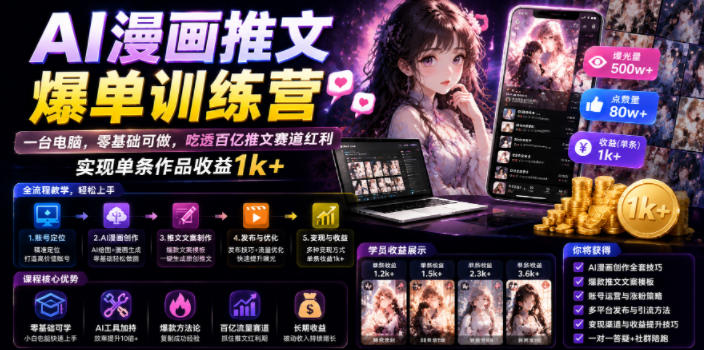AI漫画推文爆单训练营,一台电脑,零基础可做,吃透百亿推文赛道红利,实现单条作品收益1k+-智富思维学堂