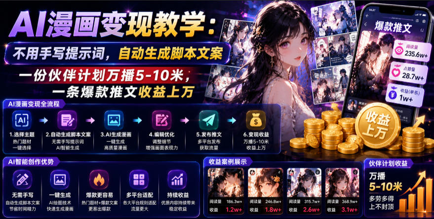 AI漫画变现教学:不用手写提示词,自动生成脚本文案,一份伙伴计划万播5-10米,一条爆款推文收益上W-智富思维学堂