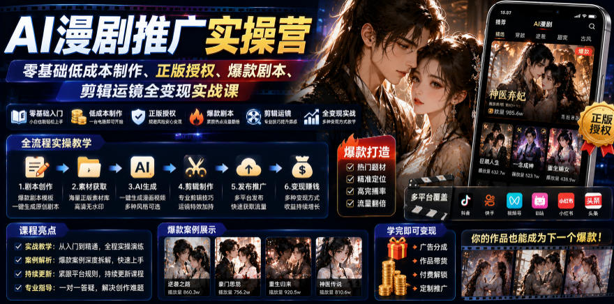AI漫剧推广实操营|零基础低成本制作、正版授权、爆款剧本、剪辑运镜全变现实战课-智富思维学堂