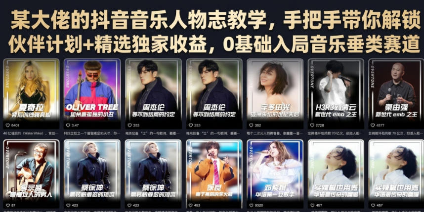 某大佬的抖音音乐人物志教学,手把手带你解锁伙伴计划+精选独家收益,0基础入局音乐垂类赛道-智富思维学堂