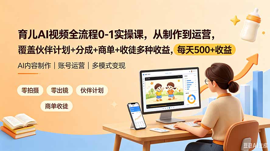 育儿AI视频全流程0-1实操课，从制作到运营，覆盖伙伴计划+分成+商单+收徒多种收益，每天500+收益-智富思维学堂