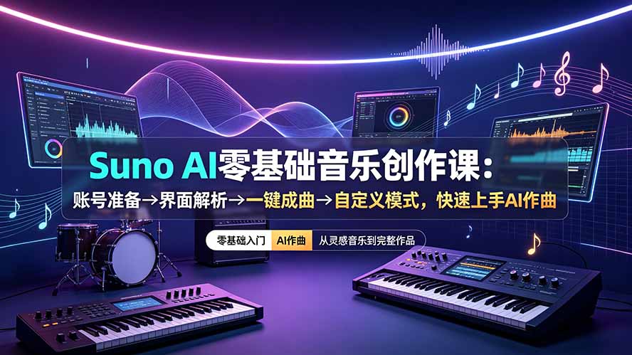 Suno AI零基础音乐创作课：账号准备→界面解析→一键成曲→自定义模式，快速上手AI作曲-智富思维学堂