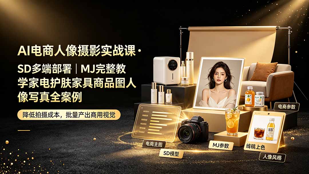 AI电商人像摄影实战课·SD多端部署｜MJ完整教学｜家电护肤家具商品图人像写真全案例-智富思维学堂