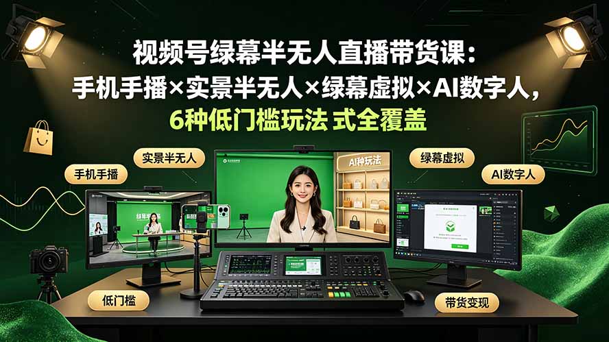 视频号绿幕半无人直播带货课：手机手播×实景半无人×绿幕虚拟×AI数字人，6种低门槛玩法全覆盖-智富思维学堂