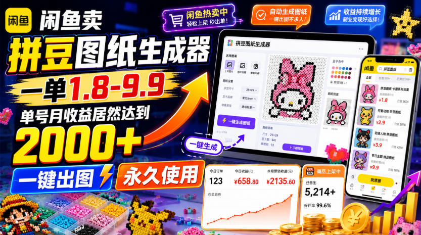 闲鱼卖拼豆图纸生成器,一单1.8-9.9,单号月收益居然达到2000+一键出图永久使用-智富思维学堂