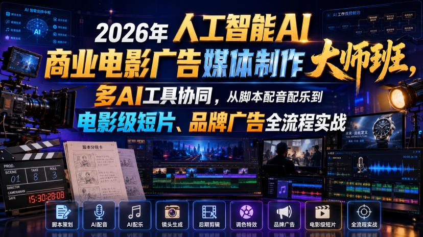 2026年人工智能AI商业电影广告媒体制作大师班,多AI工具协同,从脚本配音配乐到电影级短片、品牌广告全流程实战(中英字幕)-智富思维学堂