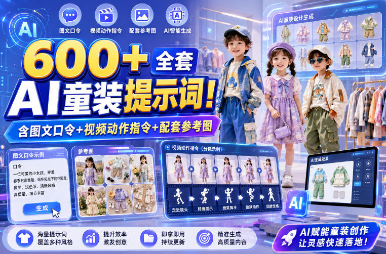 600+全套AI童装提示词!含图文口令+视频动作指令+配套参考图,Word-Excel规整分类,童装电商、种草无脑量产内容!-智富思维学堂