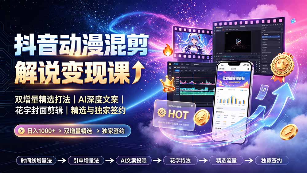 抖音动漫混剪解说变现课:双增量精选打法|AI深度文案|花字封面剪辑| 精选与独家签约日入1000+-智富思维学堂