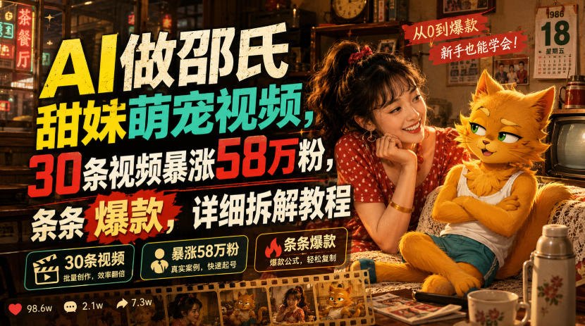 AI做邵氏甜妹萌宠视频,30条视频暴涨58万粉,条条爆款,详细拆解教程-智富思维学堂