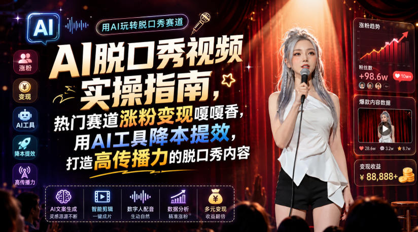 AI脱口秀视频实操指南,热门赛道涨粉变现嘎嘎香,用AI工具降本提效,打造高传播力的脱口秀内容-智富思维学堂