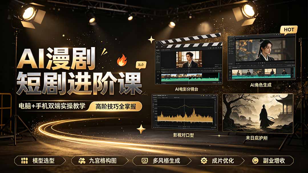 AI漫剧短剧进阶课|电脑+手机双端实操教学|影视剧对口型人物吃瓜×解压末日庇护所全程讲解,高阶技巧全掌握-智富思维学堂