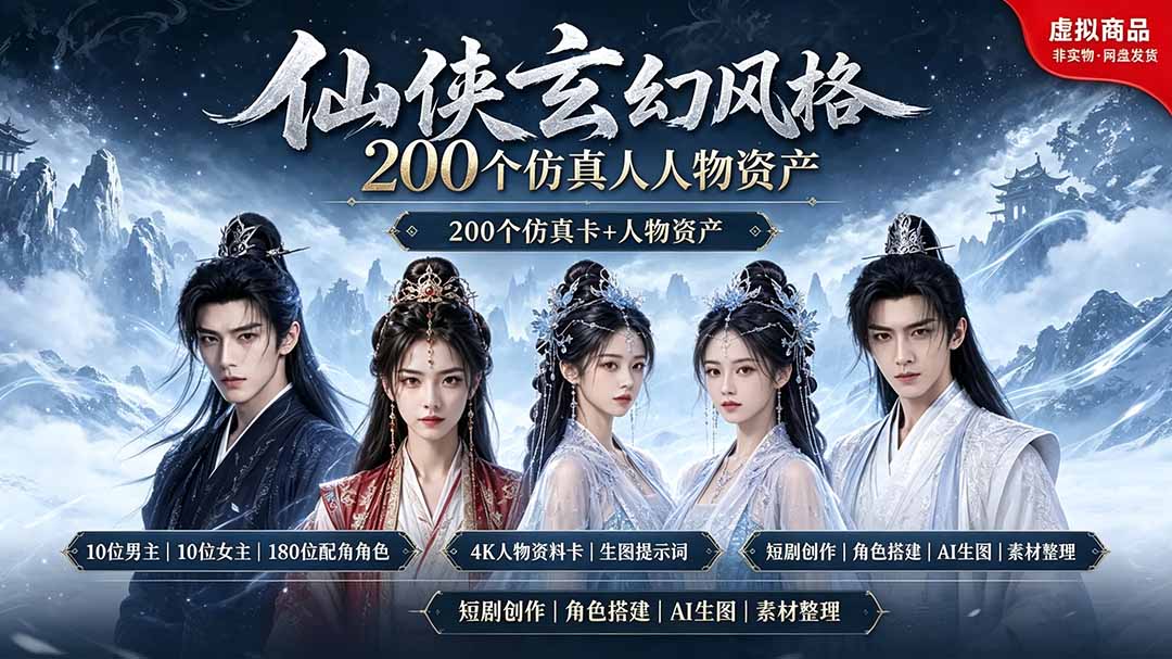 200个仙侠玄幻仿真人素材◆10男主×10女主×180配角，4K资料卡+AI生图提示词，漫剧必备-智富思维学堂