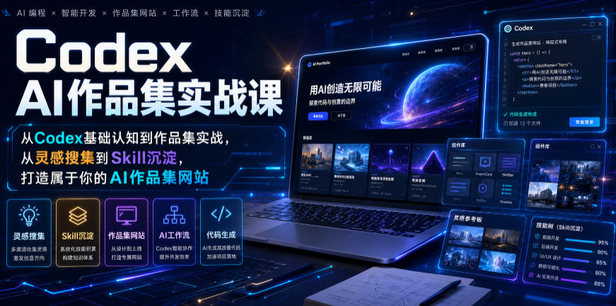 Codex AI作品集实战课,从Codex基础认知到作品集实战,从灵感搜集到Skill沉淀,打造属于你的AI作品集网站-智富思维学堂