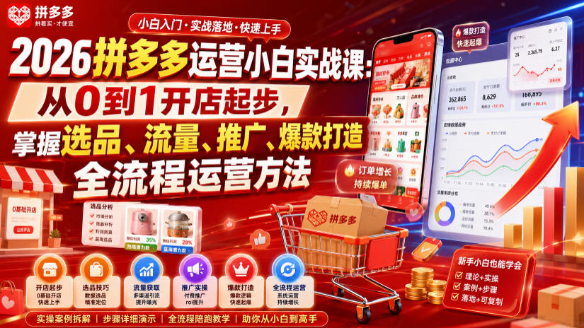 2026拼多多运营小白实战课:从0到1开店起步,掌握选品、流量、推广、爆款打造全流程运营方法-智富思维学堂