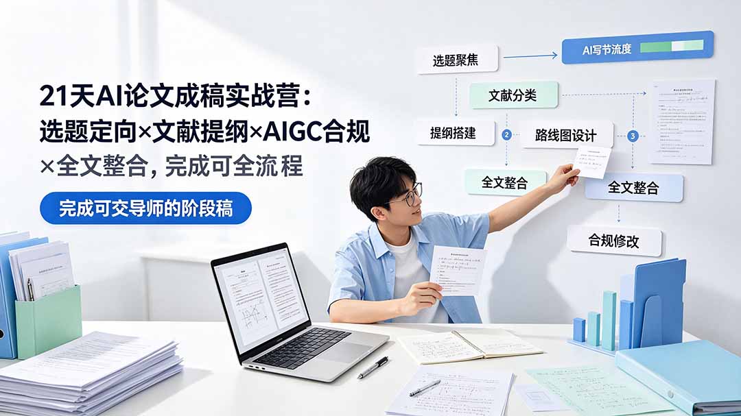 21天AI论文成稿实战营:选题定向×文献提纲×AIGC合规×全文整合,完成可交导师的阶段稿-智富思维学堂