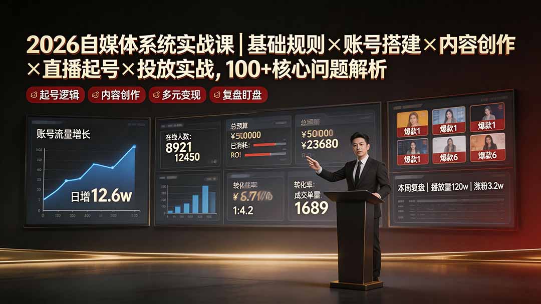 2026自媒体系统实战课|基础规则×账号搭建×内容创作×直播起号×投放实战,100+核心问题解析-智富思维学堂