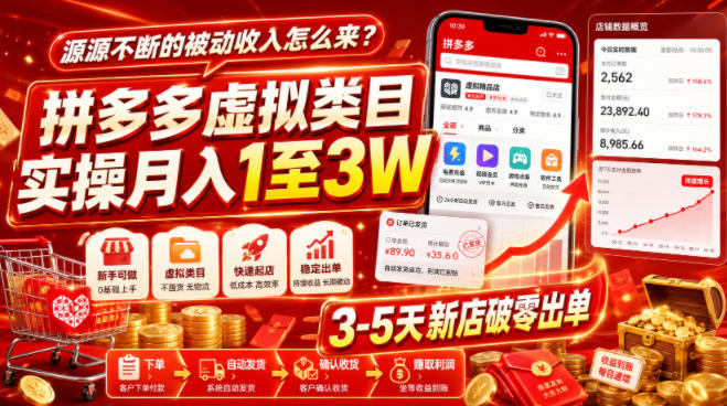 源源不断的被动收入怎么来?拼多多虚拟类目实操月入1至3W,3-5天新店破零出单-智富思维学堂