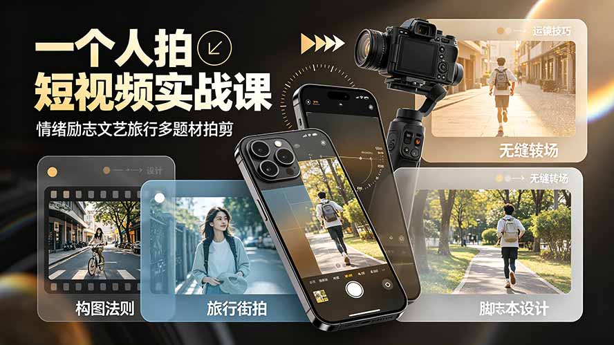 一个人拍短视频实战课：情绪励志文艺旅行多题材×五大景别×黄金构图×八大运镜，从拍摄到成片高效创作-智富思维学堂