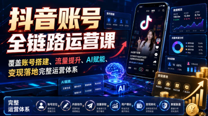 抖音账号全链路运营课，覆盖账号搭建、流量提升、AI赋能、变现落地完整运营体系-智富思维学堂