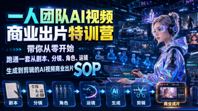 一人团队AI视频商业出片实战课:带你从零开始跑通一套从剧本、分镜、角色、运镜、生成到剪辑的AI视频商业出片SOP-智富思维学堂