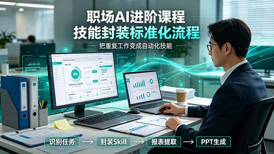 职场AI进阶课程;多类实用Skill工具实操,专属技能封装标准化流程,报表行业报告一键提取核心内容-智富思维学堂