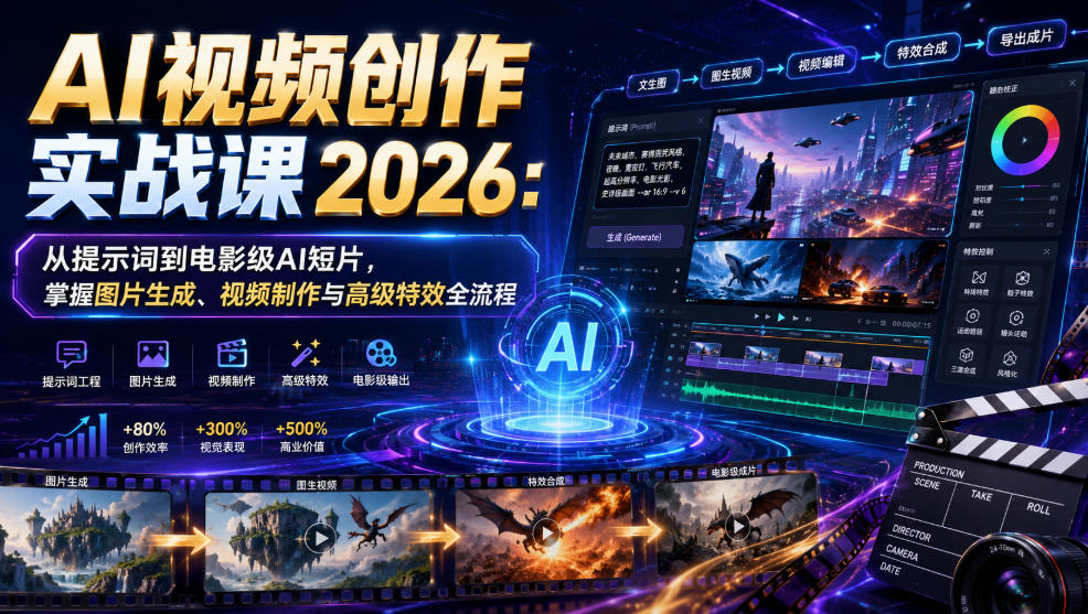 AI视频创作实战课2026:从提示词到电影级AI短片,掌握图片生成、视频制作与高级特效全流程-智富思维学堂