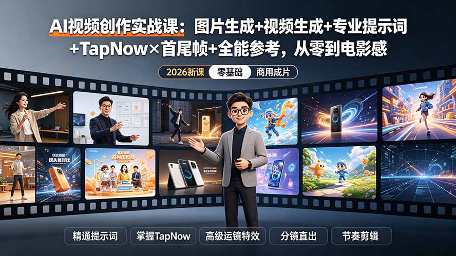 AI视频创作实战课:图片生成+视频生成+专业提示词+TapNow×首尾帧+全能参考,从零到电影感成片-智富思维学堂