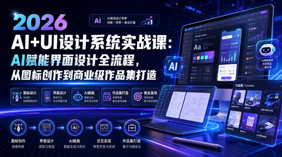 2026 AI+UI设计系统实战课:AI赋能界面设计全流程,从图标创作到商业级作品集打造-智富思维学堂