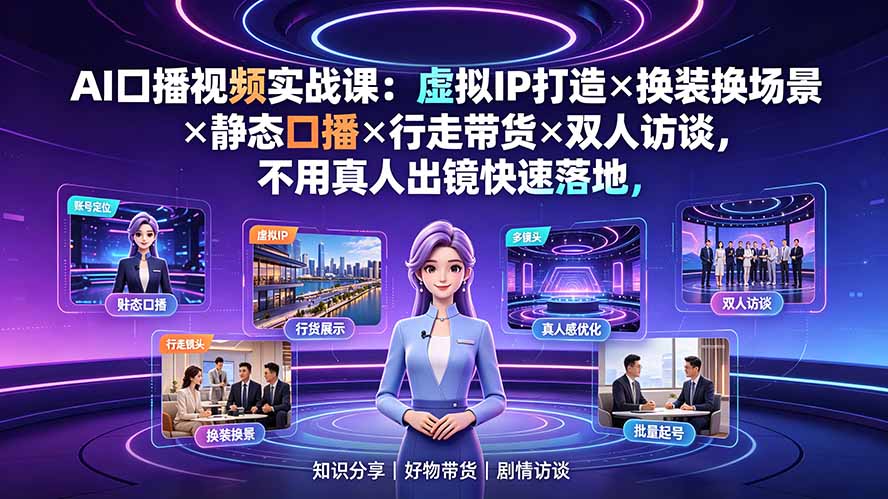 AI口播视频实战课:虚拟IP打造×换装换场景×静态口播×行走带货×双人访谈,不用真人出镜快速落地-智富思维学堂