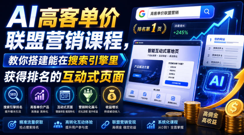 AI高客单价联盟营销课程,教你搭建能在搜索引擎里获得排名的互动式页面,引来流量,把访客转化为高佣金的成交【原创双语字幕】-智富思维学堂