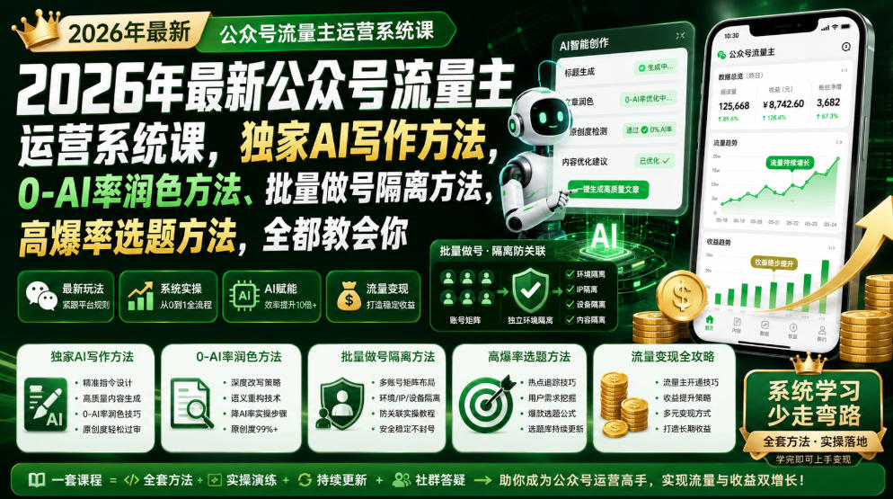 2026年最新公众号流量主运营系统课,独家AI写作方法,0-AI率润色方法、批量做号隔离方法、高爆率选题方法,全都教会你-智富思维学堂