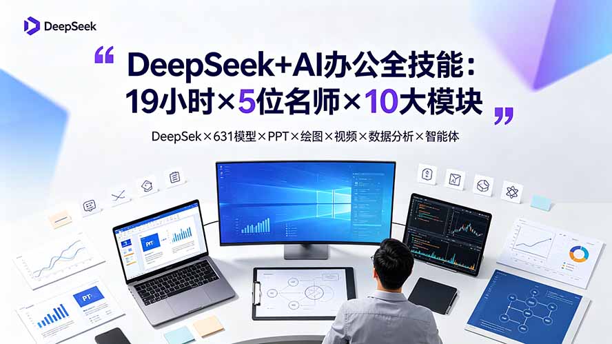 DeepSeek+AI办公全技能:19小时×5位名师×10大模块,DeepSeek×631模型×PPT×绘图×视频×数据分析×智能体-智富思维学堂