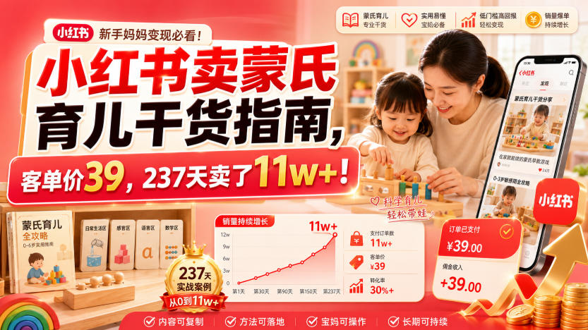 小红书卖蒙氏育儿干货指南,客单价39,237天卖了11w+!-智富思维学堂