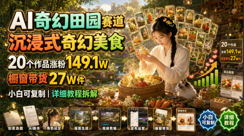 AI奇幻田园赛道,沉浸式奇幻美食,20个作品涨粉149.1W,橱窗带货27W件,小白可复制,详细教程拆解-智富思维学堂