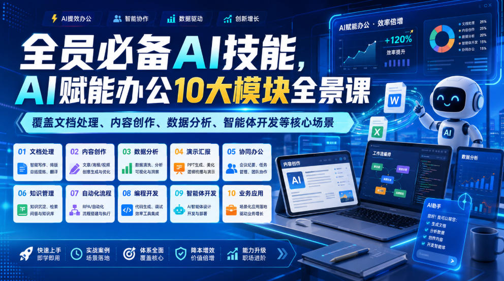 全员必备AI技能,AI赋能办公10大模块全景课,覆盖文档处理、内容创作、数据分析、智能体开发等核心场景-智富思维学堂