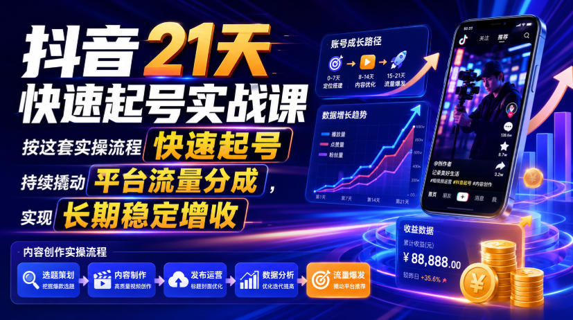 抖音21天快速起号实战课,按这套实操流程快速起号,持续撬动平台流量分成,实现长期稳定增收-智富思维学堂