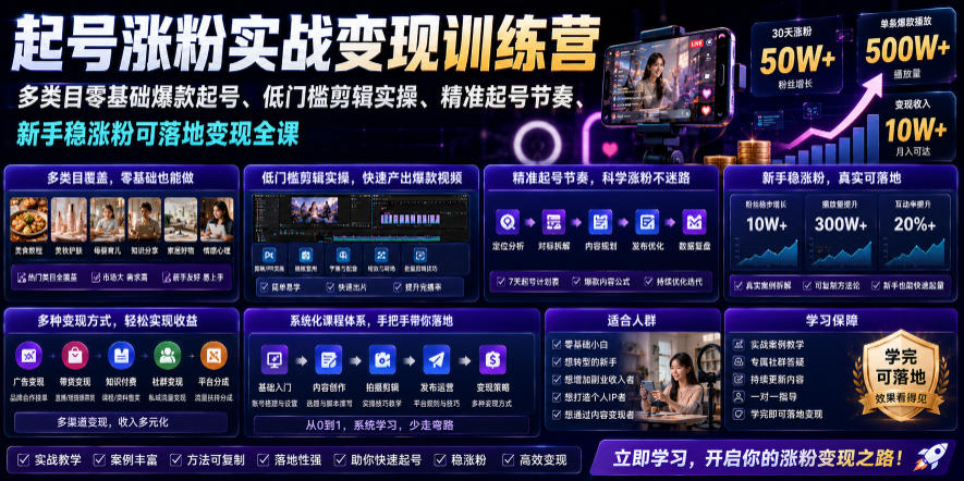 苗子起号涨粉实战变现训练营,多类目零基础爆款起号、精准起号节奏、新手稳涨粉可落地变现全课(更新0719)-智富思维学堂