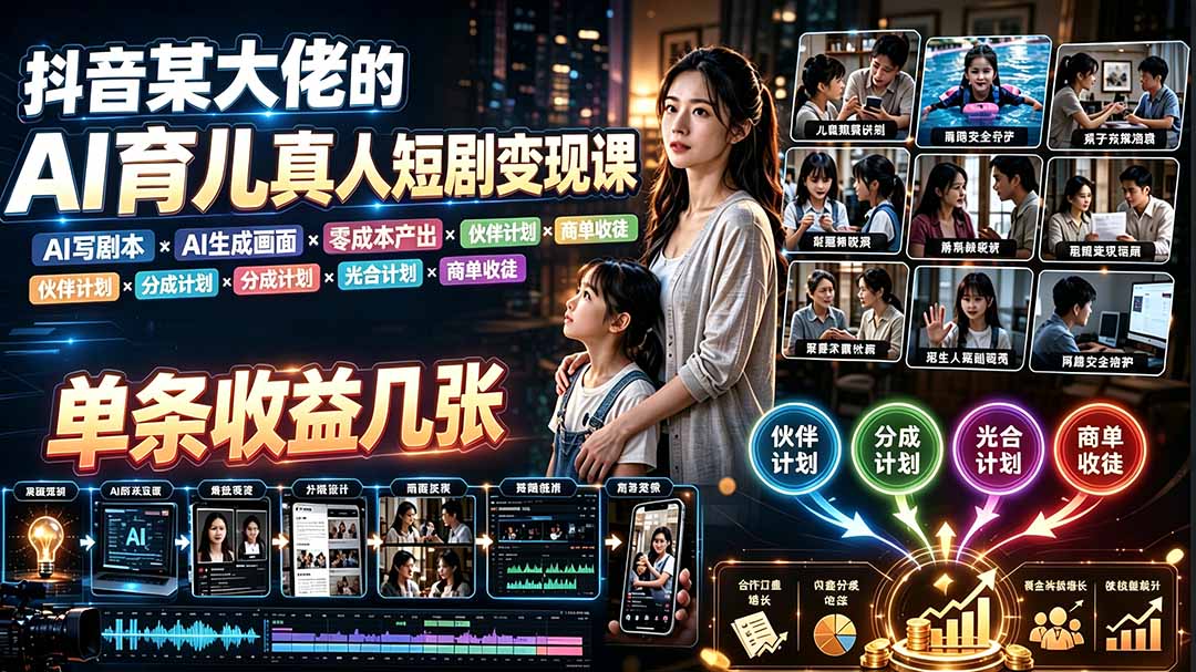 AI育儿真人短剧变现课:AI写剧本×AI生成画面×零成本产出×伙伴计划×分成计划×光合计划×商单收徒-智富思维学堂