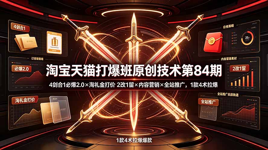 淘宝天猫打爆班原创技术第84期:4剑合1必爆2.0×淘礼金打价×2改1留×内容营销×全站推广,1款4术拉爆-智富思维学堂